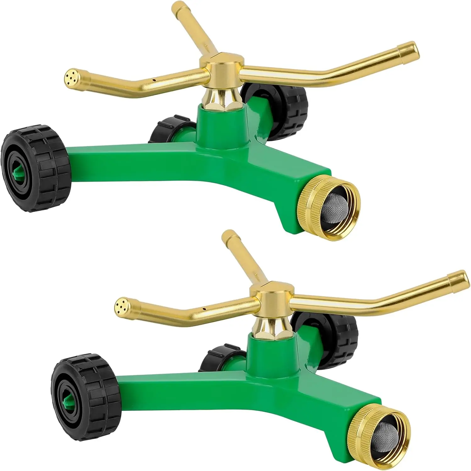 [2 Pack]  3-Arm Metal Sprinkler with Wheel Base, 360  Automatic Rotary Lawn Sprinkler System for Garden , Flower Bed and Yard Watering and Large Yard Area Watering