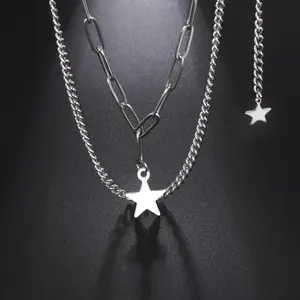 Fashionable and Minimalist Star Shaped Multi-layer Cuban Chain Women's Stainless Steel Pendant Necklace Suitable for Christmas and Valentine's Day Gifts, Perfect Holiday Gift Accessories for Family, Friends, and Couples