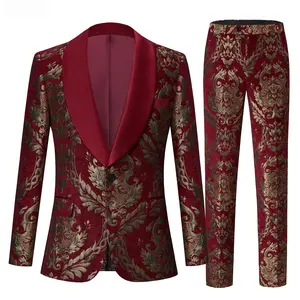 Mens Jacquard Slim-Fit 2-Piece Shawl Lapel Tuxedo Suit Set for Wedding, Party and Prom -Gold& Red