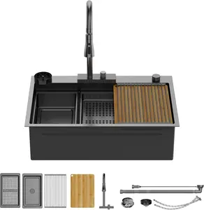 ROVSUN 33 Inch Waterfall Kitchen Sink with Faucet,  Drop In Workstation Sink 18 Gauge Stainless Steel Single Bowl Smart Basin with Cup Washer, Cutting Board & All Accessories