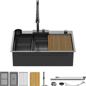 ROVSUN 33 Inch Waterfall Kitchen Sink with Faucet,  Drop In Workstation Sink 18 Gauge Stainless Steel Single Bowl Smart Basin with Cup Washer, Cutting Board & All Accessories