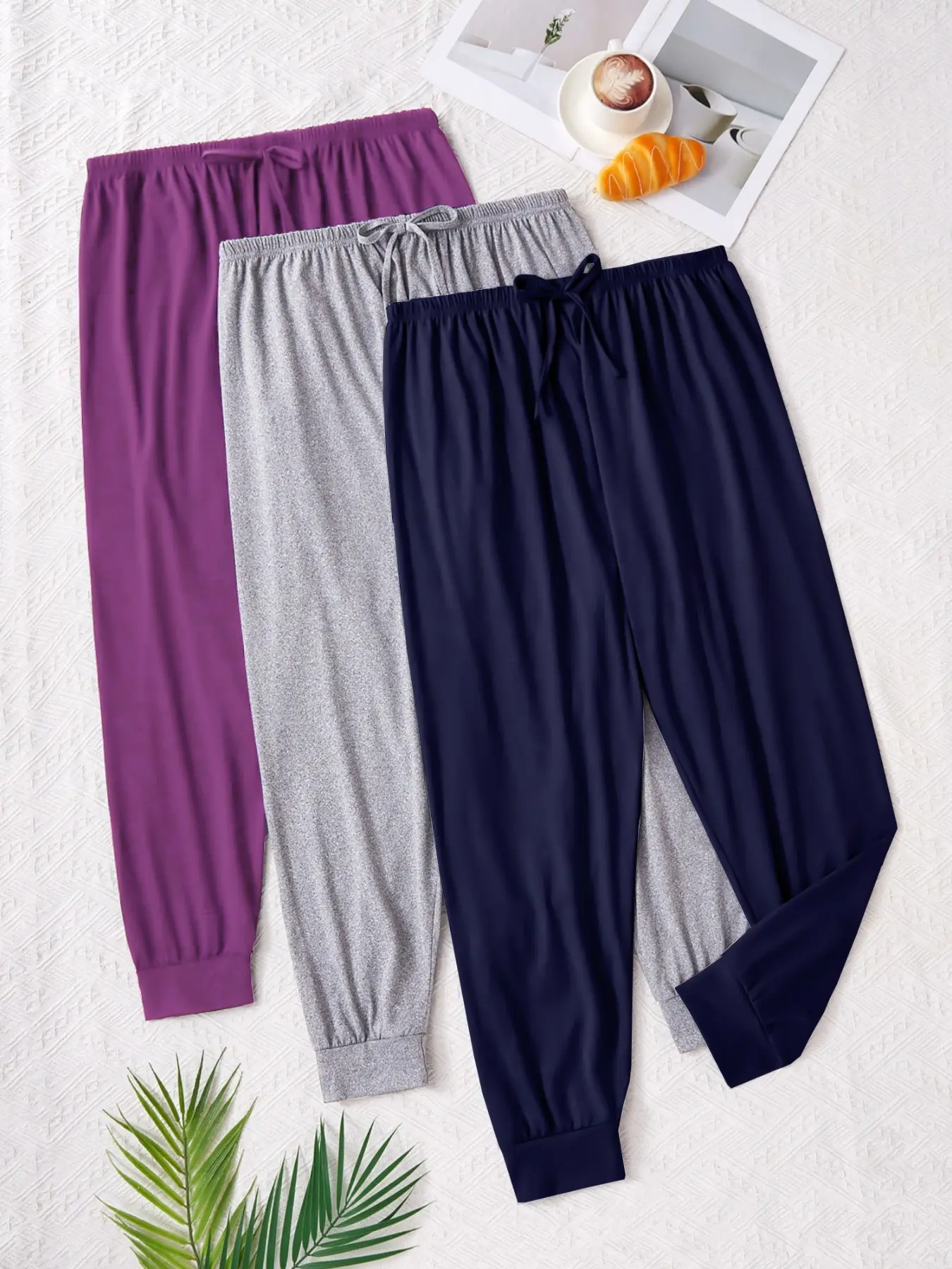 3 Piece Set Women's Solid Color Sleep Pants with Bow Tie Detail, Plus Size Comfortable Lounge Wear, Casual Sleepwear Loungewear, Minimalist Home Clothing, Loungewear, Pajamas, Pjs, Nightwear, Basic