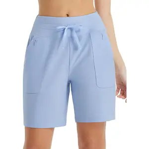 Baleaf Women's 7" Athletic Running Shorts Long Workout Shorts High Waisted Quick Dry 4 Zipper Pockets UPF50+ Spliced Drawstring Adjustable Waistband