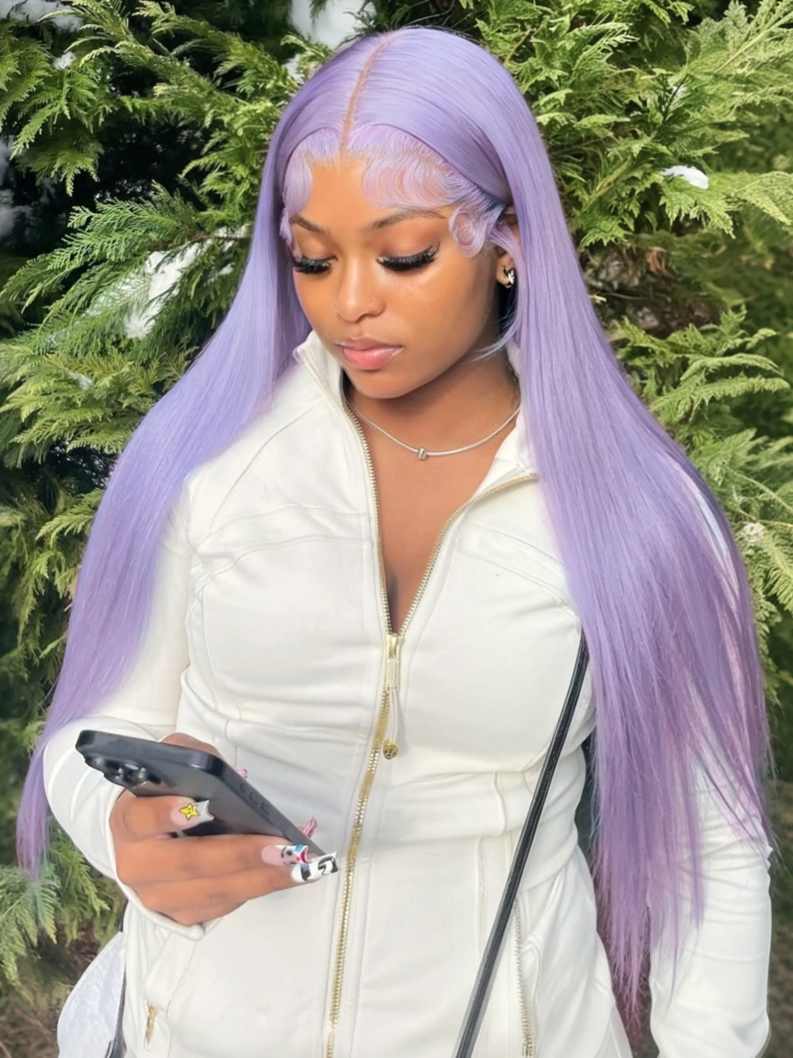 Lavender Lace Front Wigs Colored Long Straight Hair Smooth Straight 13x4 HD Lace Frontal Wig Pre Plucked Heat Resistant Fiber Light Purple Wig Middle Part Natural Looking Party Wigs for Cosplay Concert Music Festival 28 Inch Synthetic Wig