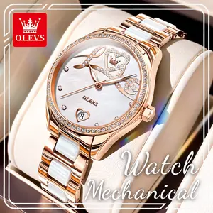 OLEVS 6686 Women's Luxury Automatic Mechanical Watch, Rose Gold Ceramic Dress Accessory with Crystal Heart Dial, Waterproof, Watches, Accessories For Women