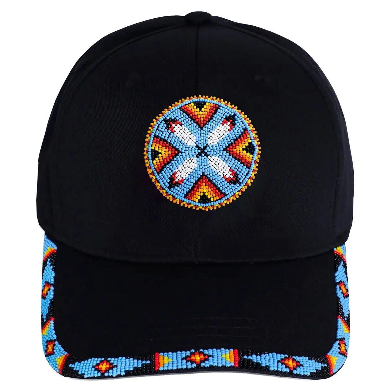 Cotton Unisex Baseball Cap With Beaded Patch Brim Native American Style