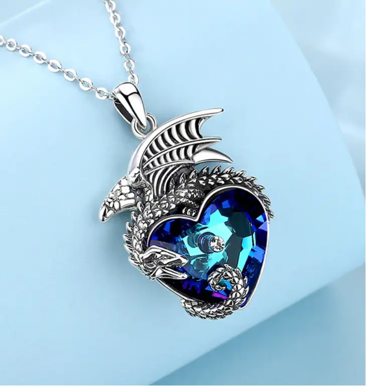 Vintage 925 Sterling Silver Authentic Austrian Crystal Heart Dragon Pendant