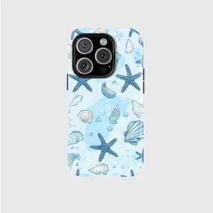 Double-layered phone case with starfish, seashell, and coral/algae patterns, suitable for iPhone 17/16/15/14/13/12 Pro Max 14 15 16 Plus 11. Made of thickened TPU+PC material, this 2-in-1 shockproof and drop-proof phone case features these designs.