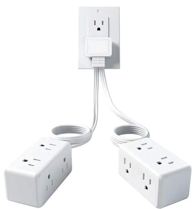 12-Outlet Durable Power Strip Extension Cable, 10FT Flat Plug with 5FT Split Cords on Each Side, Electrical Accessory for Home Office Workstations, Gaming Setups