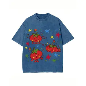 Washed, Cute Tomato Party Print T-shirt, High-quality Batik Vintage Fashion Brand T-shirt, Unisex T-shirt, Popular Daily Wear T-shirt, Holiday Gift, Perfect Present