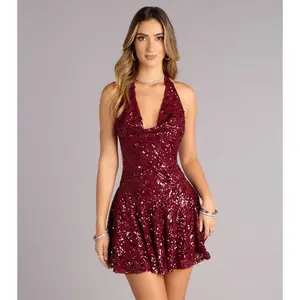 After Hours Shine Sequin Halter Skater Dress