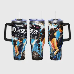 Gilley’s Bud N Sissy Tumbler with Handle, Western Cowboy Couple Travel Mug, Texas Rodeo Style Insulated Cup, Country Music Gift