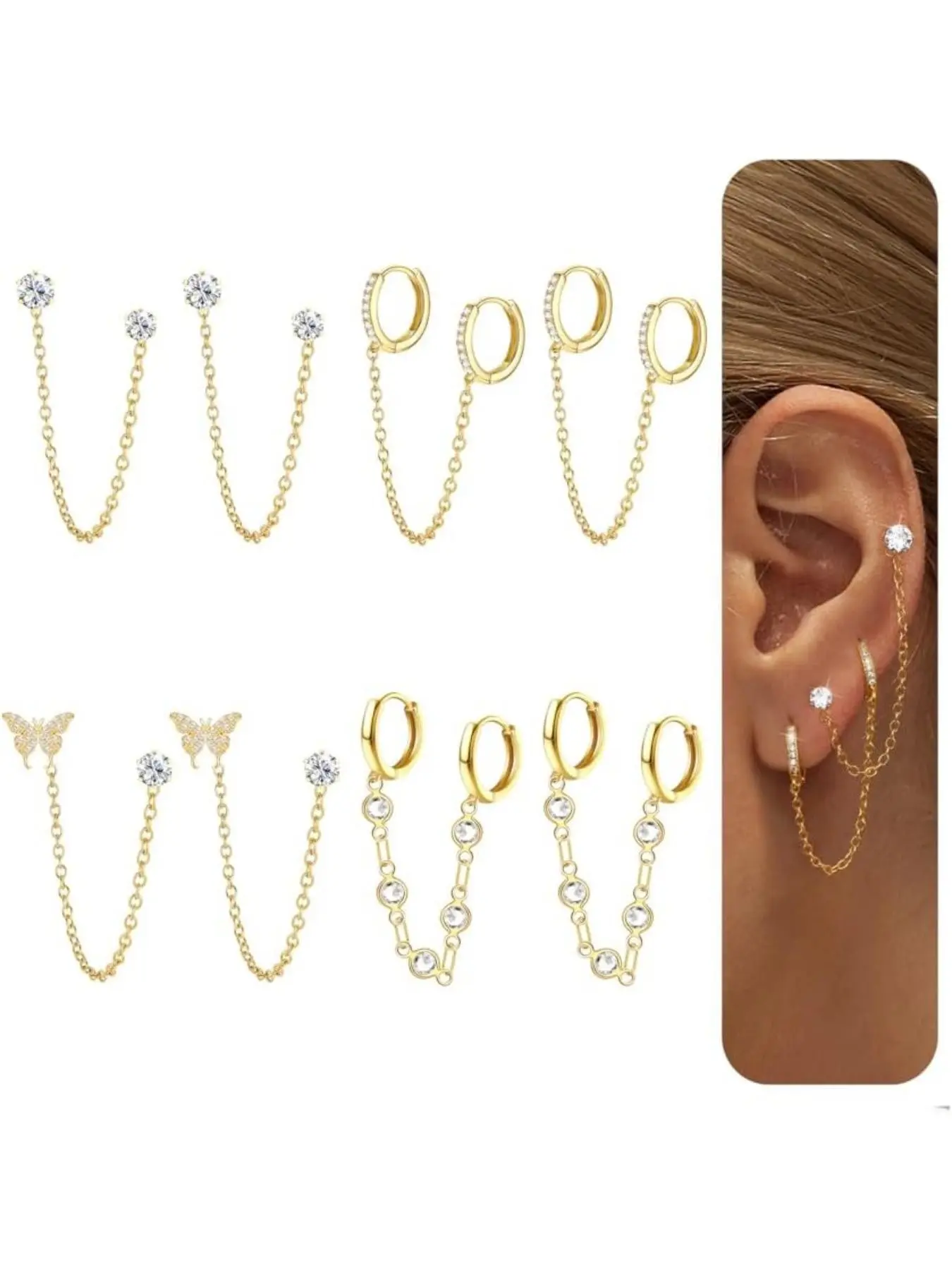 4 Pairs Chain Earrings for Women, Silver Color & Hoops, Double Piercing Stud Hoop Set, Sparkled Cz Drop, Casual Style, Fashion Earrings, Sparkling Ear Jewelry, Stud Earring Jewelry, Dangle Earrings Set, Earring Stacking Set, Earrings