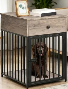 Wooden Dog Crate Furniture, Indoor Decorative Dog Kennel with Storage Drawer, Multi‑Functional Pet Crate Side End Table for Small Dogs, Sturdy Steel‑Tube Puppy Cage, Chew‑Resistant Design, Greige Finish BG01GW03