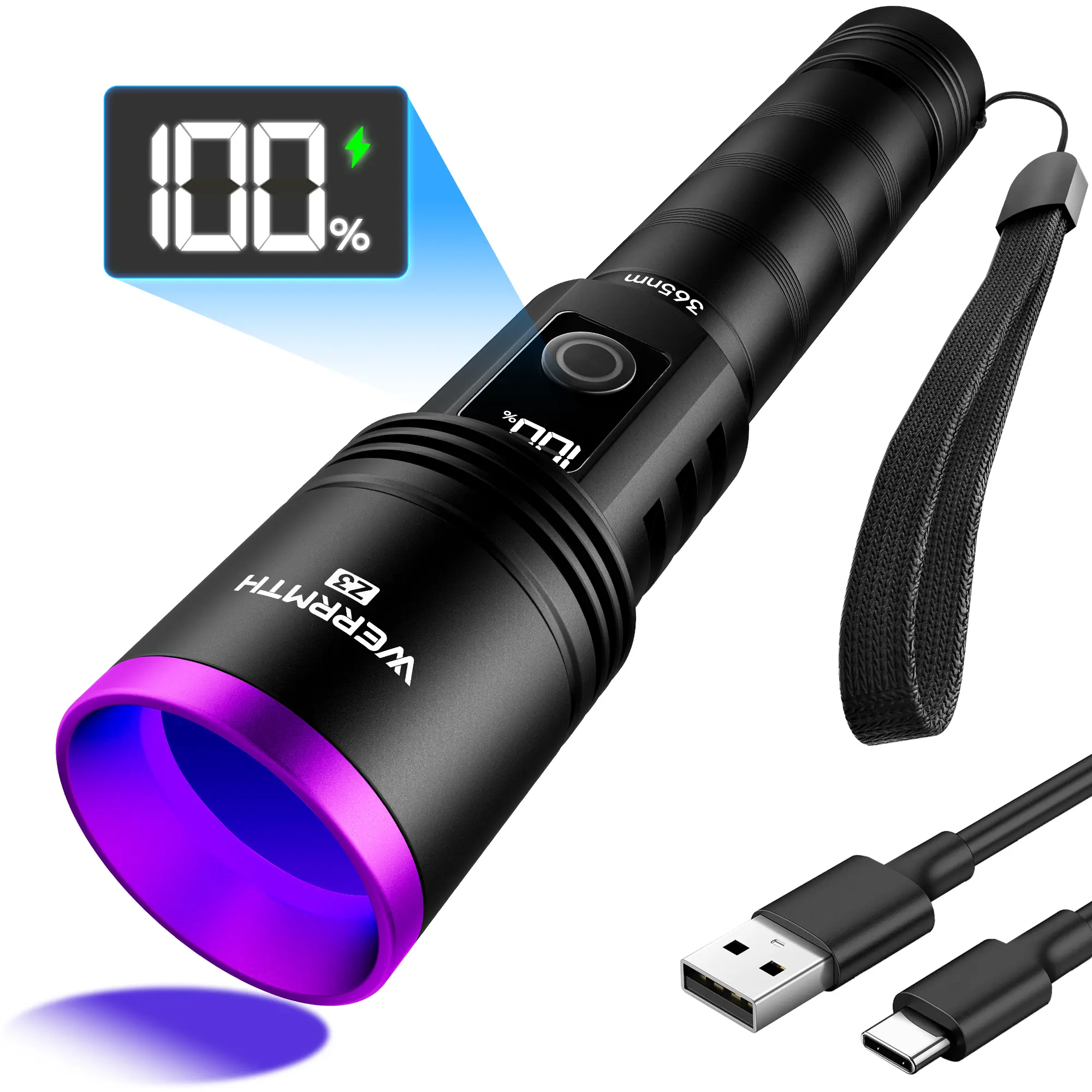 WERRMTH Z3 365nm UV Black Light Flashlight with Filter Lens, Rechargeable Ultraviolet Light with LCD Display for Pet Urine Detection, UV Resin Curing, Rockhounding, Scorpion Search, Uranium Glass, AC Leak & Hotel Inspection