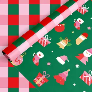 Christmas Wrapping Paper -Mini Roll- 17 In x 32.8 Ft Red Green  Tree Stocking Bell Plaid  Wrap Paper for Xmas Winter Wrapping Supplies, Double-Sided