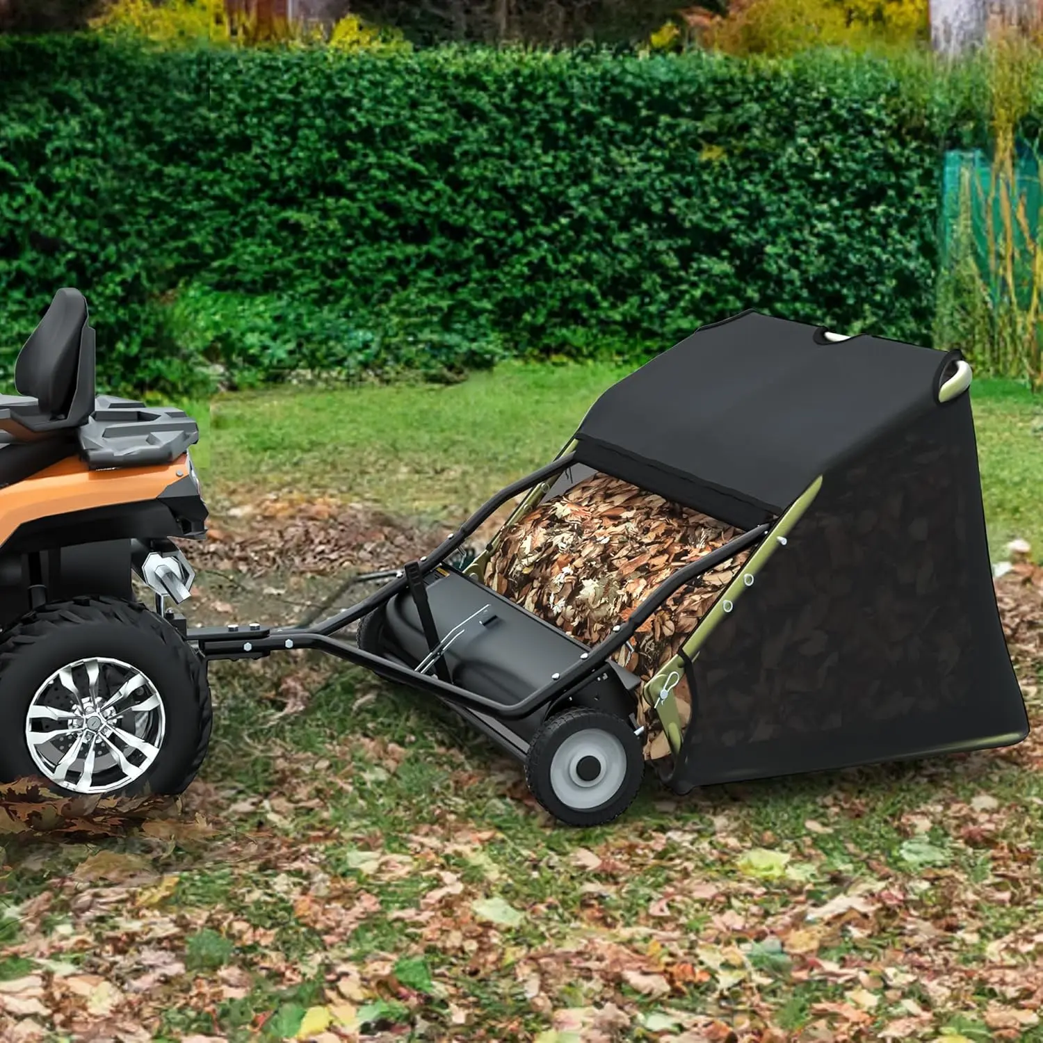 YINTATECH 48" Yard Sweeper Pull Behind Leaf Lawn Sweeper, Tow Behind Leaf Collector, Pine Straw Needle, Pine Cone, Grass Sweeper,Black Tool Garden Portable
