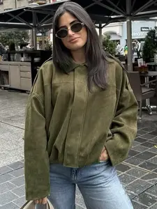 Suede Cropped Jacket Women's Bomber jacket autumn elegant oversized Long Sleeve batwing sleeves outerwears ladies fashion lapel loose Jacket caual Streetwear coats Casual