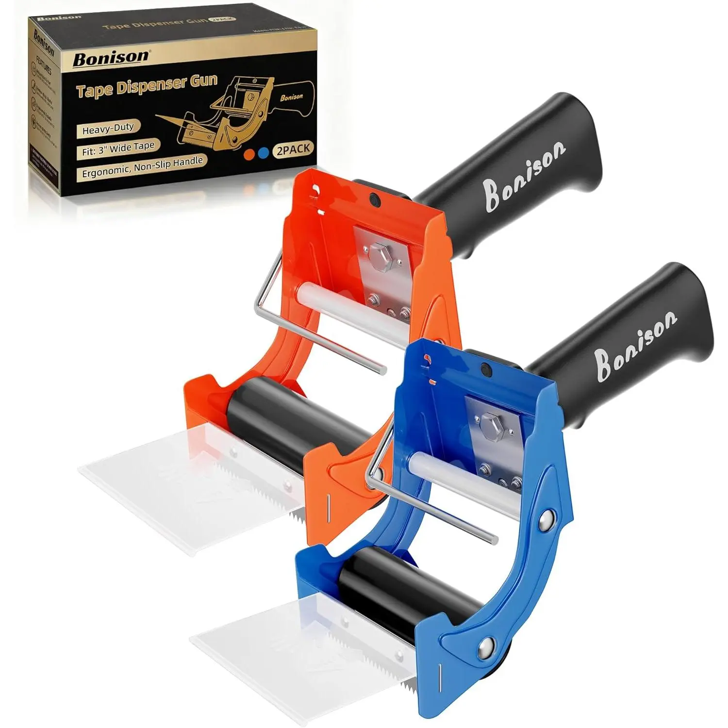 3-Inch Tape Gun Dispenser, 2-Pack – Heavy-Duty Packaging Tape Dispenser for Shipping Boxes, Quick Reload, Compatible with Standard and Thick Tape, Ergonomic Handle for Warehouse Movement and Office Use
