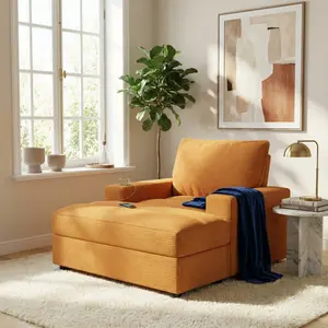 Aobtkel®42.8" Oversized Chaise Lounge Chair with Storage Ottoman, Corduroy Sofa Bed with Cup Holders & USB Charging Port, Upholstered Sleeper Chair, Deep - Seat Reading Couch for Living Room, Bedroom,Yellow
