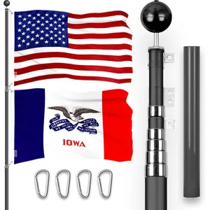 G128 Combo Pack: 25 Ft Telescoping Aluminum Flagpole (Black) & American and Iowa Deluxe Flags 3x5 Ft, Both ToughWeave Series Embroidered Polyester | Pole with Flags Included