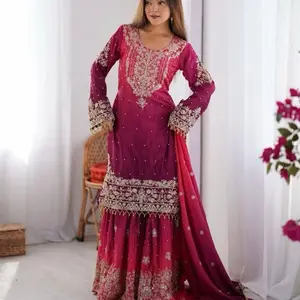 Pakistani Chinon Silk Garara Loose Fitting Flowy Dress Heavy Embroidery Work Comfort Elegance Ethnic Women Wedding Guest Outfits