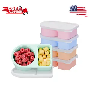 5 Pack Silicone Snack Containers, 2 Compartments Reusable Snackle Box with Lids, 8 oz, Rainbow