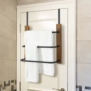 3-Tier Over-The-Door Hanging Towel Rack, Bathroom Wood and Matte Black Metal Towel Bar