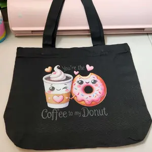 Black Tote Bag with Coffee and Donut Design - Cute and Functional