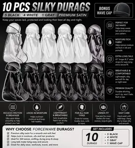 10-Pack Silky Satin Durags for 360 Waves