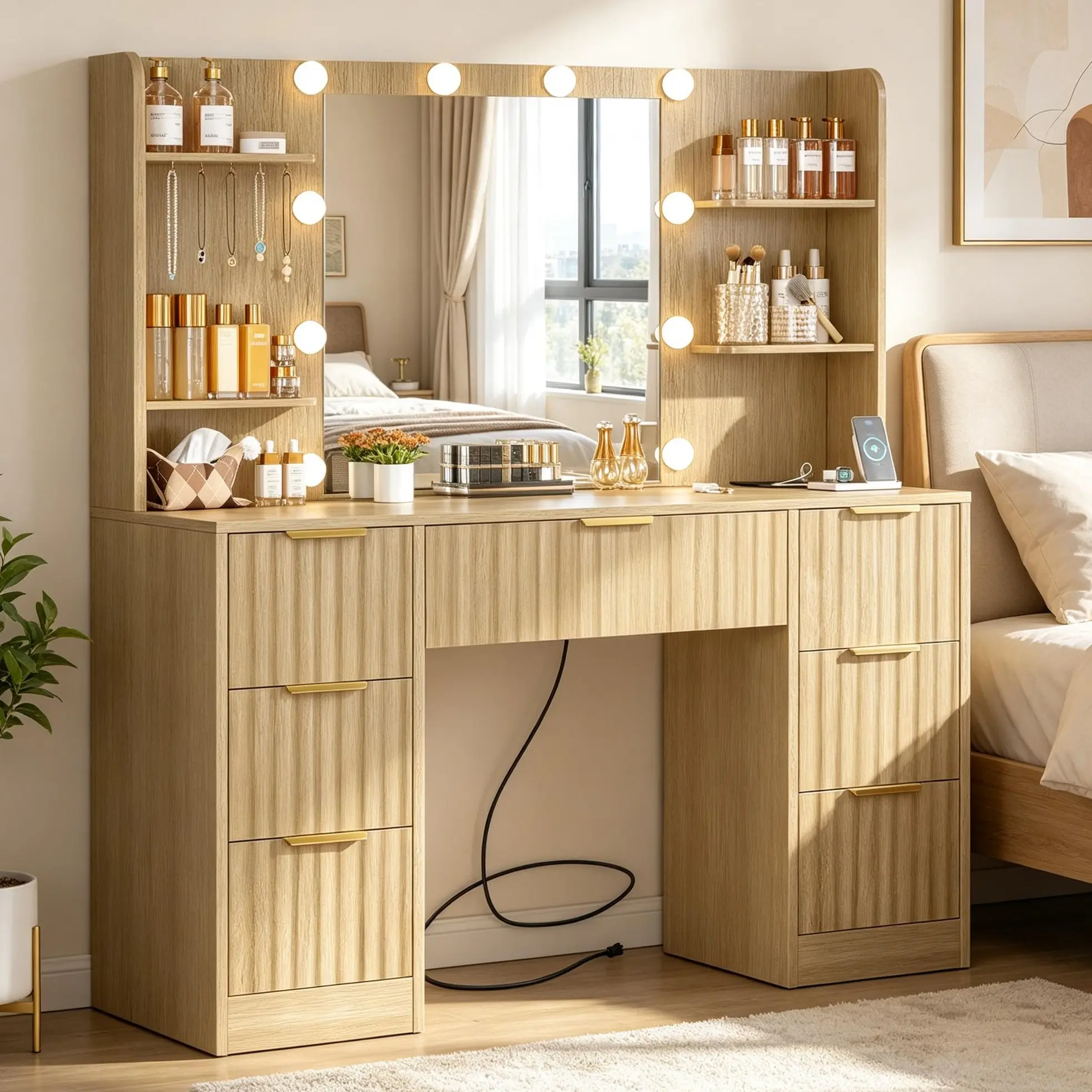 Fabiula Fluted Makeup Dresser - Modern Oak Furniture, LED-Accented Vanity with Mirror (23.2" Large), Power Outlet, 3 Color Lighting Modes, 6 Shelves, 7 Drawers, Mirrored Dressing Table for Bedroom campingessentials