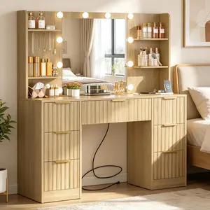 Fabiula Fluted Makeup Vanity Desk with Large 23.2" Mirror and Lights, Modern Big Makeup Table with Power Outlet, 6 Shelves & 7 Drawers, 3 Color Lighting Modes, Dressing Table Vanity Set for Bedroom, Oak