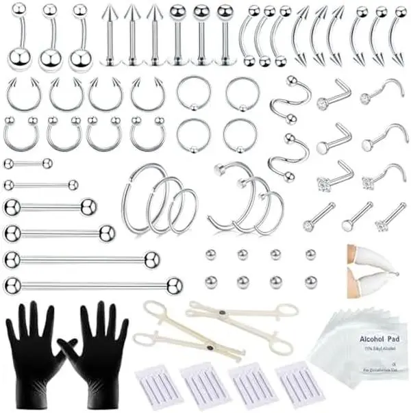 98PCS Body Septum Piercing Kit 14G 16G Tools for Nose Tongue Lip Ear Eyebrow Belly Button Cartilage Tragus Industrial Barbell Helix Daith Piercing Jewelry Clamps