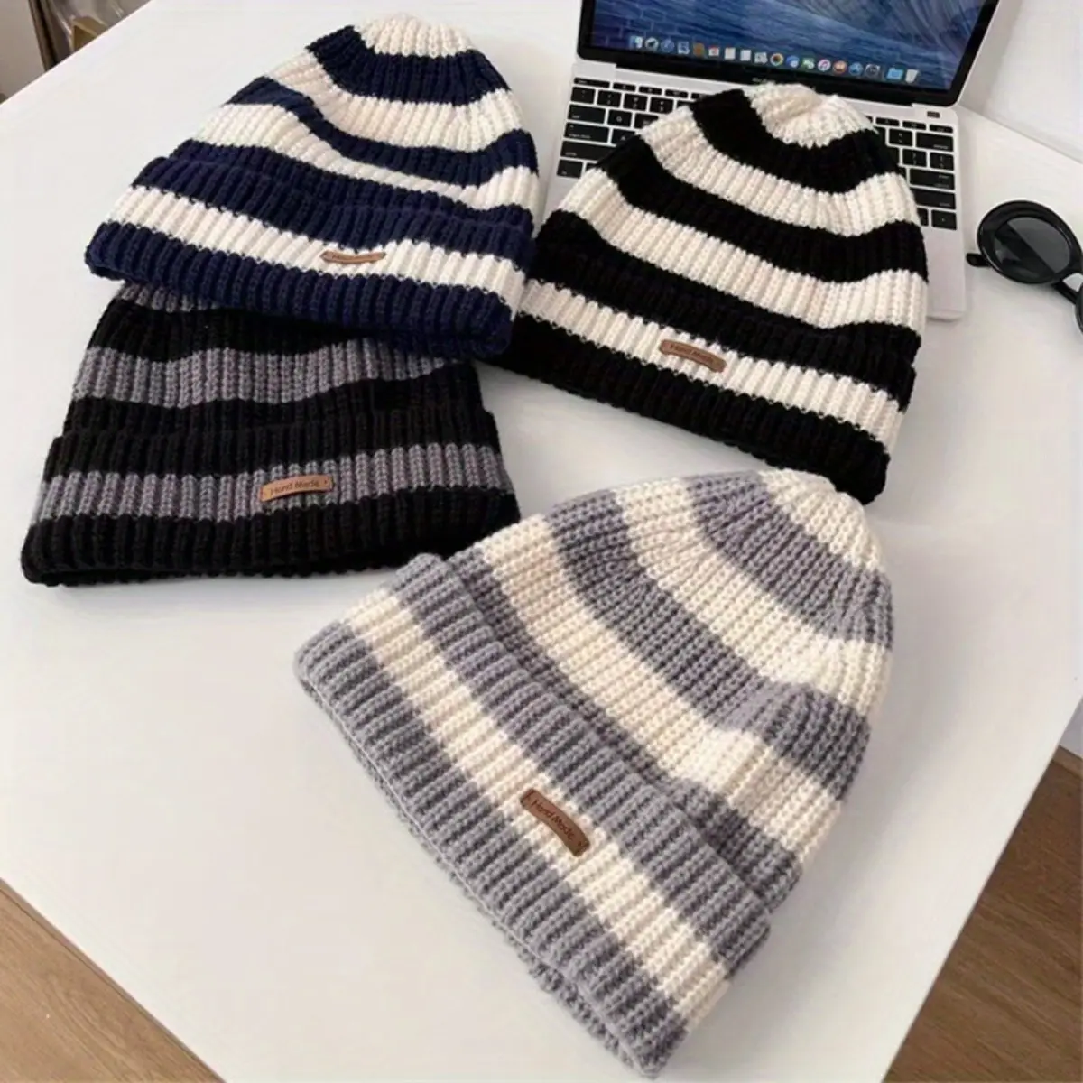 Unisex 2-Pack Chunky Knit Ear Flaps Beanies (Knit Bonnet Hats), Vintage Casual Loose-Fit Polyester Winter Hats, Windproof Heat-Insulating, Elastic Comfy Fit, Commute Outdoor Use, Hand Wash Only
