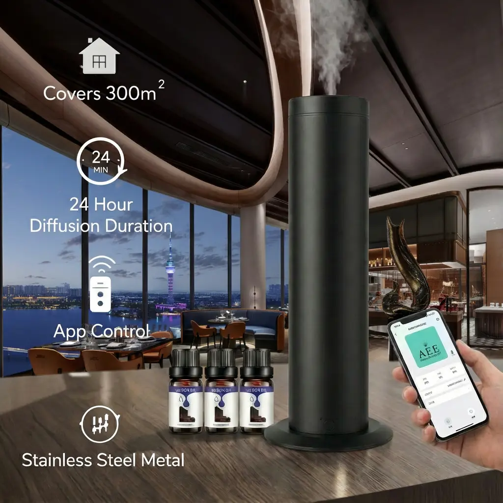 Luxury Hotel Aroma Freshener Scent Diffuser Kit - APP Control, 5-Star Hotel & Mystery Scented Oils (3x10ml), Stainless Steel Covers, 300m² Coverage for Big Spaces