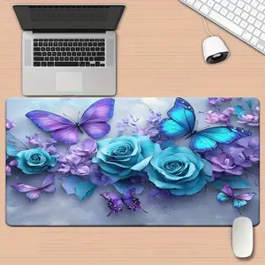 XXL Mouse Pad Featuring a Purple Butterfly And Blue Rose Design - Equipped with a Non-Slip Rubber Base, This Large Desk Mat Is Perfect for Gaming And Office Decor. It Boasts a Durable And Surface