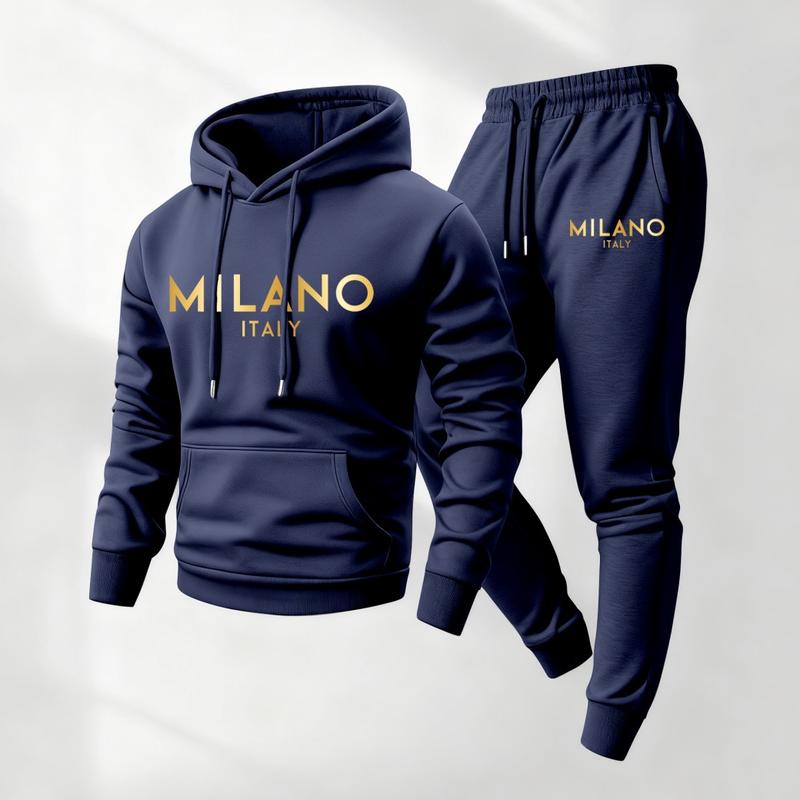 Men's Golden Milano Printed Hoodie and Drawstring Sweatpants Set, Menswear, Casual Athletic Long Sleeve Hooded Jacket & Trousers for Fall & Winter, Men's Clothing for Daily Wear, Sportswear Indoor Outdoor, Tracksuit, Athleisure Summer Clothes