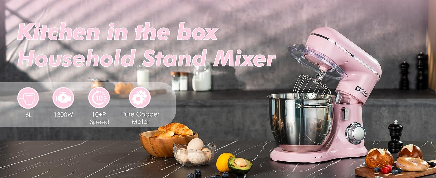 Kitchen in the box Stand Mixer, 6.5QT 10-Speed Tilt-Head Electric Stand Mixer, 3-In-1 Kitchen Mixer with Bowl, Dough Hook, Whisk and Beater, Food Mixer for Baking, Cake and Most Home Cooks