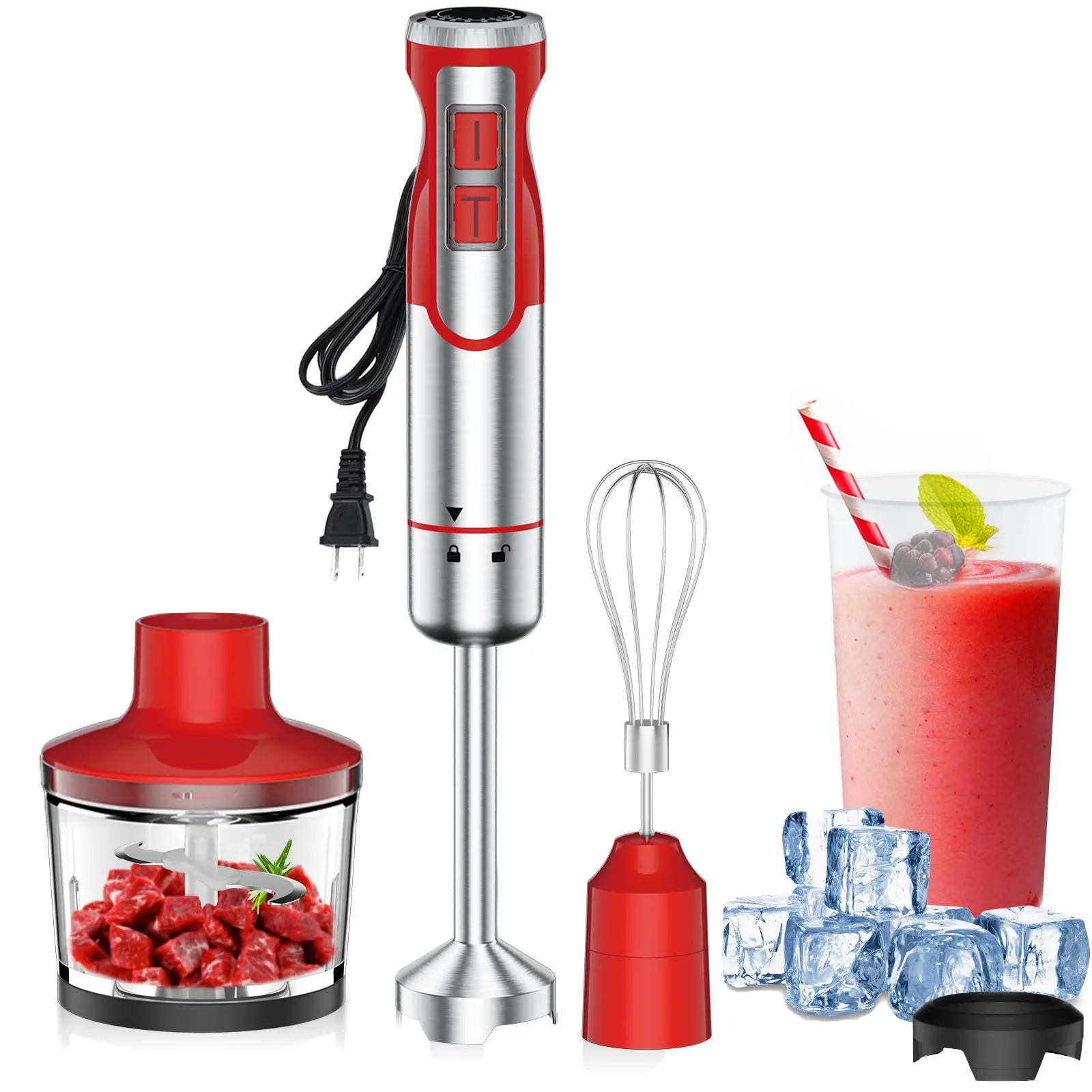 ODIFORGO Red 4-in-1 Immersion Hand Blender, 8-Speed Stick Blender with Whisk, Chopper & Beaker, Stainless Steel Blade for Smoothies, Soup, Sauce & Everyday Mixing