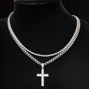 Double Layer Cross Necklace Cuban Chain Hip Hop Style Clavicle Necklace High-end Long Layered Jewelry