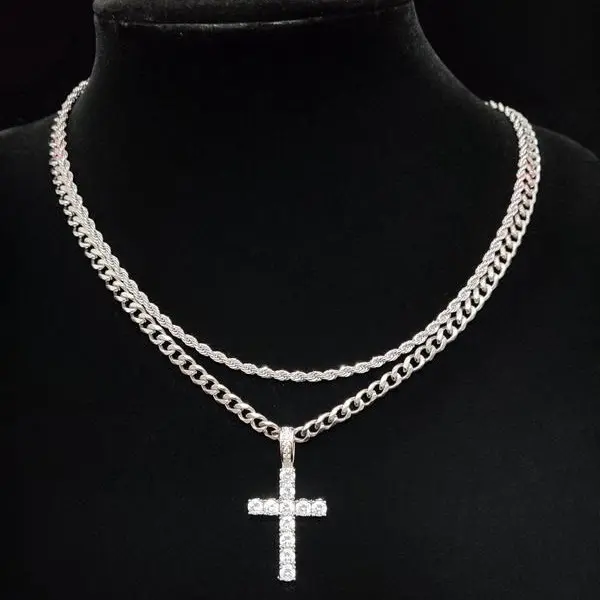 European and American Fashion Double Layer Cross Necklace Cuban Chain Hip Hop Style Clavicle Necklace High-end Long Layered Jewelry