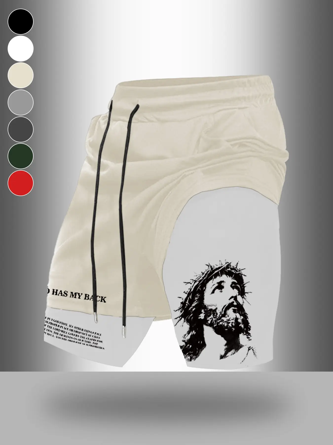 Men's 2-in-1 Compression Gym Shorts with Jesus Graphic & "God Has My Back" Print, Breathable Double Layer Fitness Shorts for Bodybuilding, Running and Christian Motivation Training, Breathable Printed Shorts, Sports Shorts