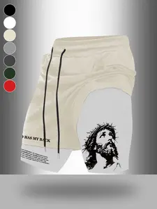 Men's 2-in-1 Compression Gym Shorts with Jesus Graphic & "God Has My Back" Print, Breathable Double Layer Fitness Shorts for Bodybuilding, Running and Christian Motivation Training, Breathable Printed Shorts, Sports Shorts