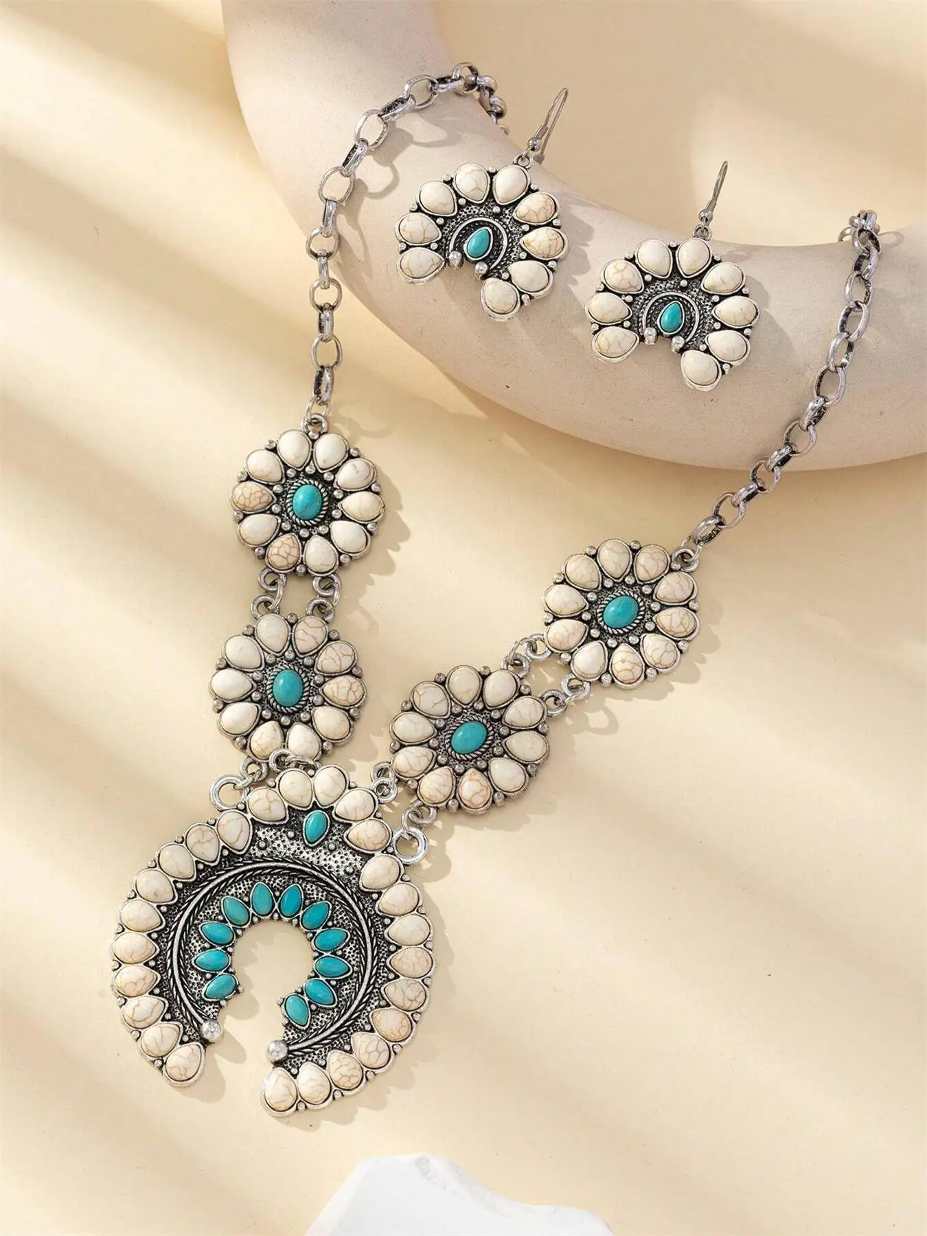 Vintage Bohemian Style Turquoise Decor Jewelry for Women, Flower Necklace & Earrings Set, Fashion 90s Vintage Jewelry for Party, Daily Decor, Trendy