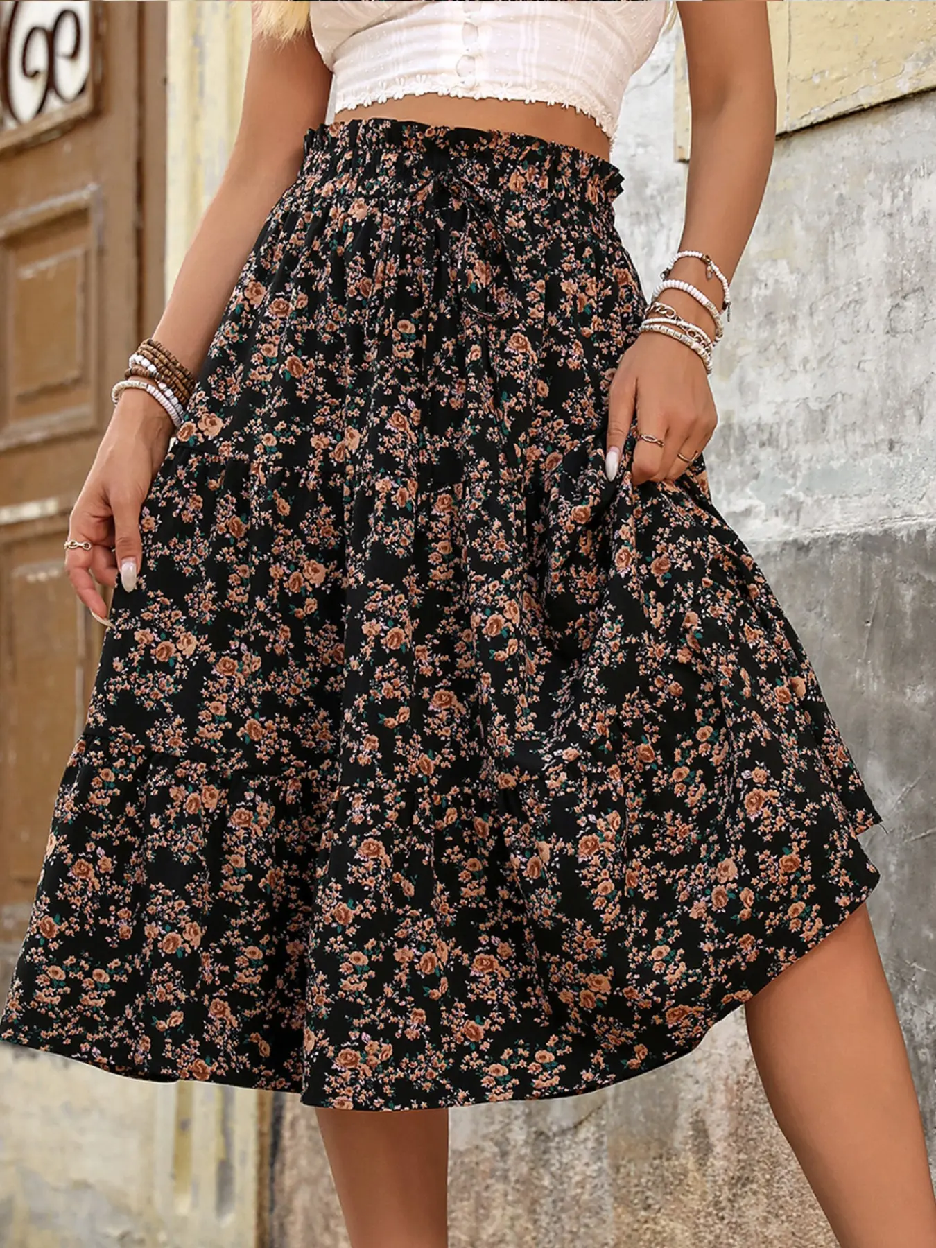 Women's Skirt with Floral Pattern Midi Skirt A Line Pleated Skirt, Boho Floral Skirts Bohemian Loose Woven Casual Summer Wear Skirt Bottom, Trendy Flirty Skirt, Loose Feeling Skirt