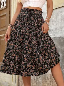 Women's Skirt with Floral Pattern Midi Skirt A Line Pleated Skirt, Boho Floral Skirts Loose Woven Casual Skirt