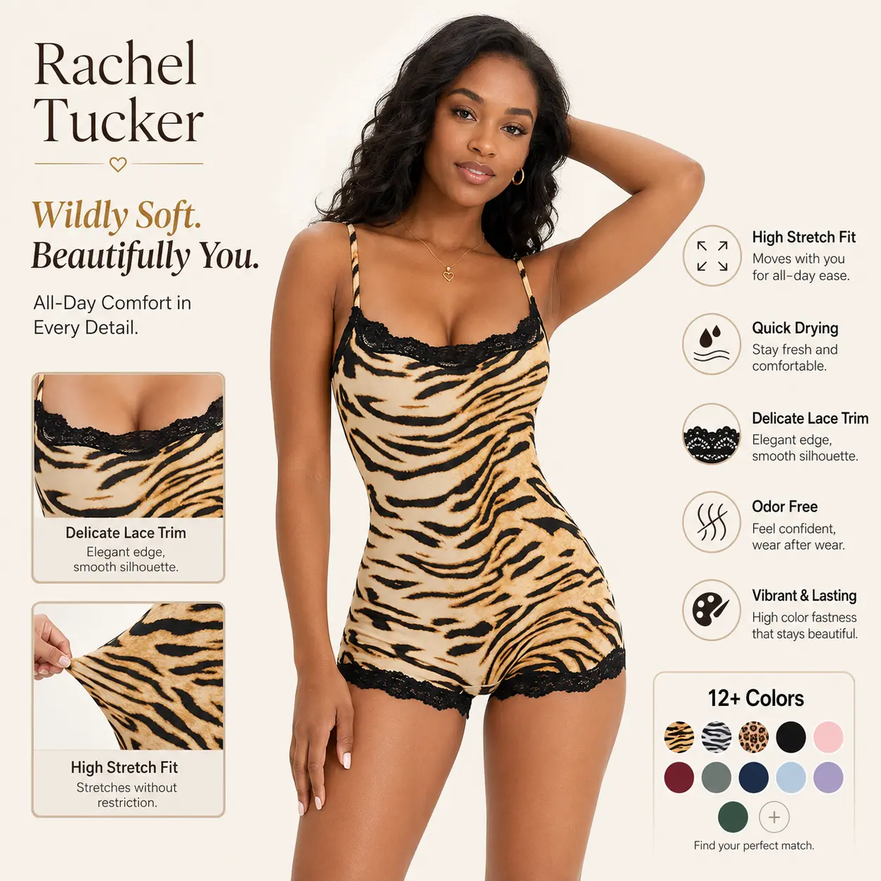 Rachel Tucker Women's Abstract Tiger Print Thin Strap Lace Trim Soft Playsuit, Minimalist Stretch Sleeveless Shapewear, Sport & Outdoor Clothing Curvy Fabric Compression Womenswear Breathable