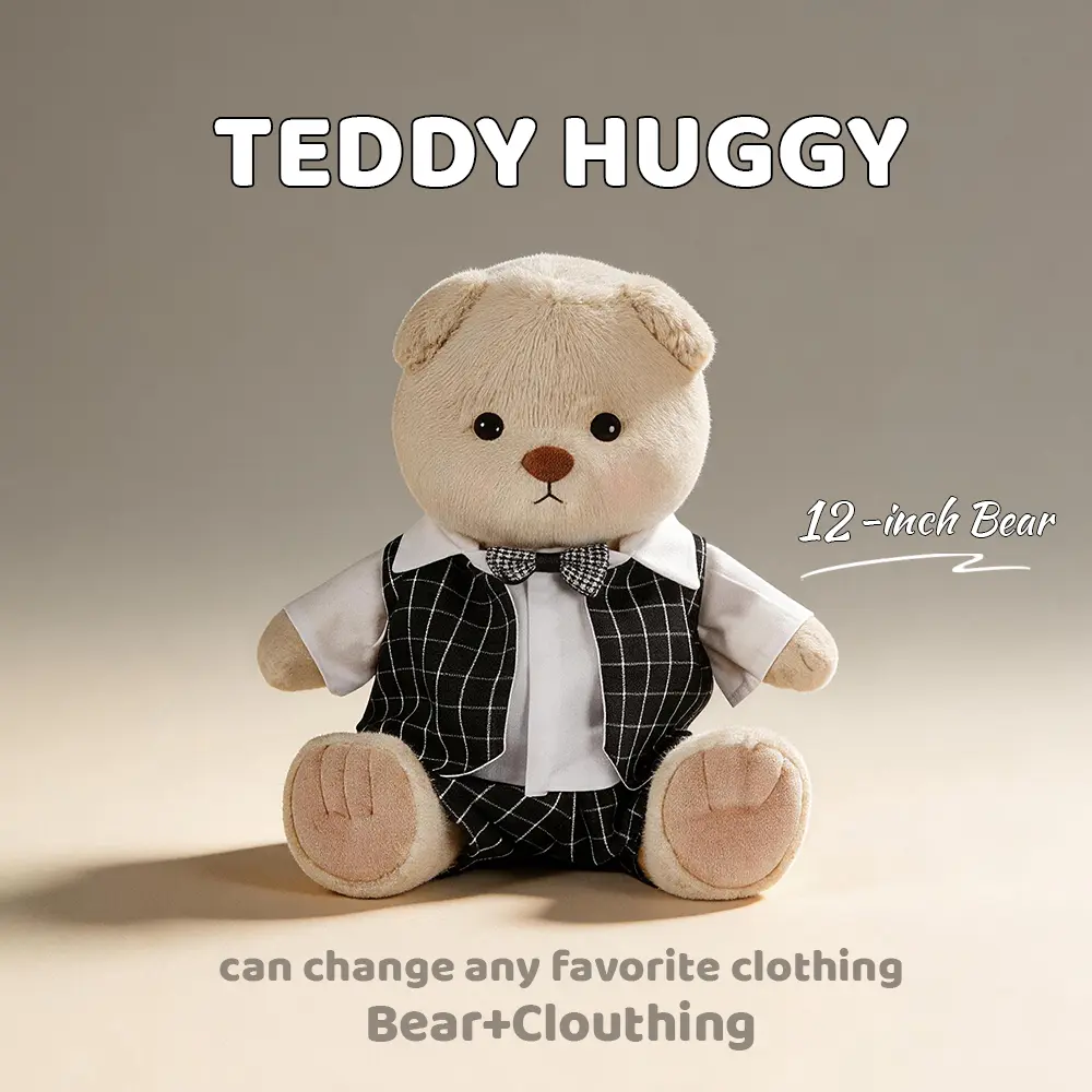 TEDDY HUGGY 12in Black Plaid 3-Piece Suit Stuffed Teddy Bear - Soft Adorable Stuffed Animal, Movable Joints, Unisex Collectible, Ideal Gift for 3+ Years, Yes for Kids' Toy Needs, 12-Inch Black Plaid Suit Three-Piece Set