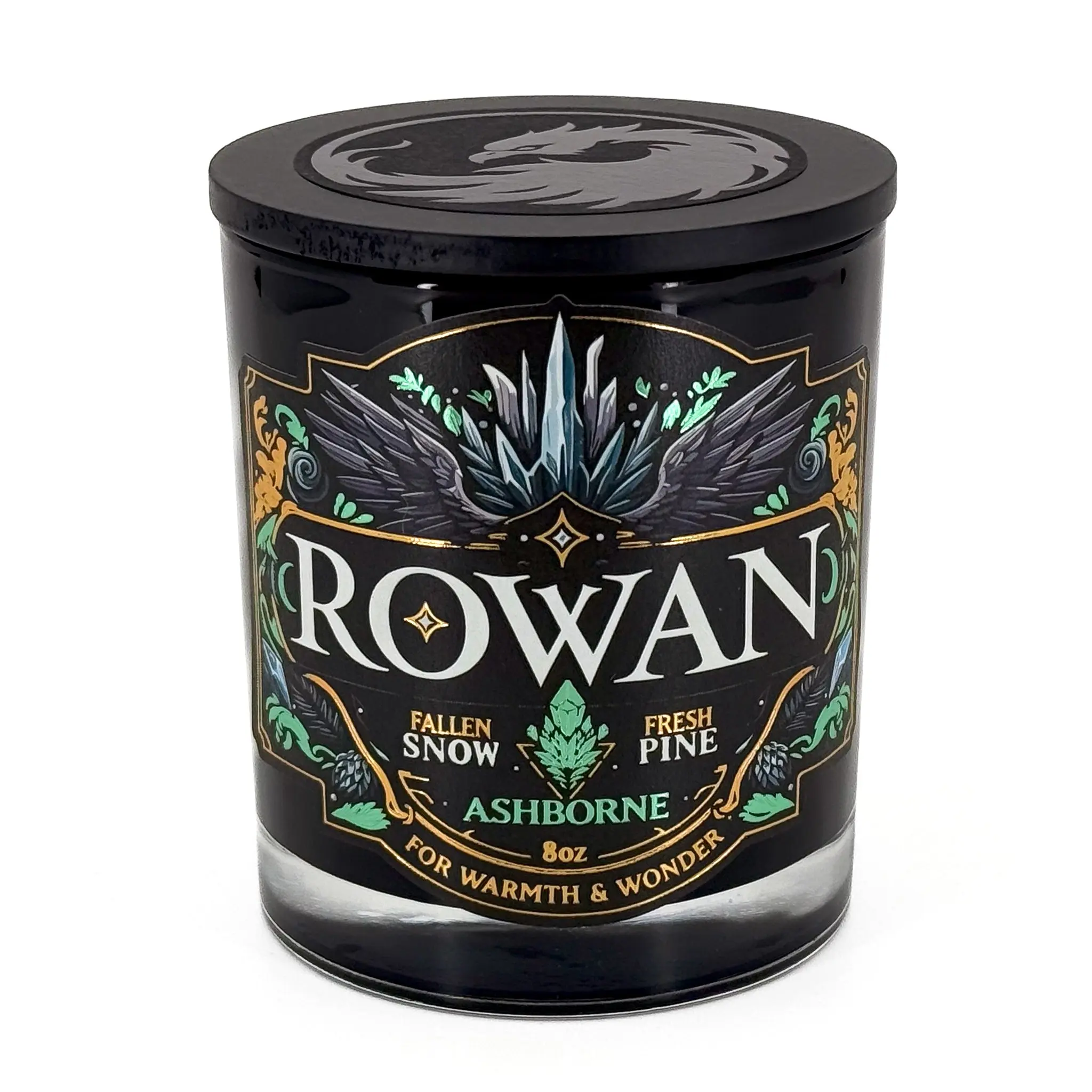 Rowan - 8oz Scented Candle - Pine, Snow, Citrus, Tonka - Natural Coconut Wax - 35 h Burn Time - Premium Foil Label - Bookish Decoration and Fragrance