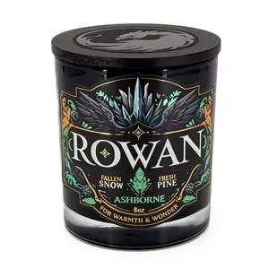 Rowan - 8oz Scented Candle - Pine, Snow, Citrus, Tonka - Natural Coconut Wax - 35 h Burn Time - Premium Foil Label - Bookish Decoration and Fragrance